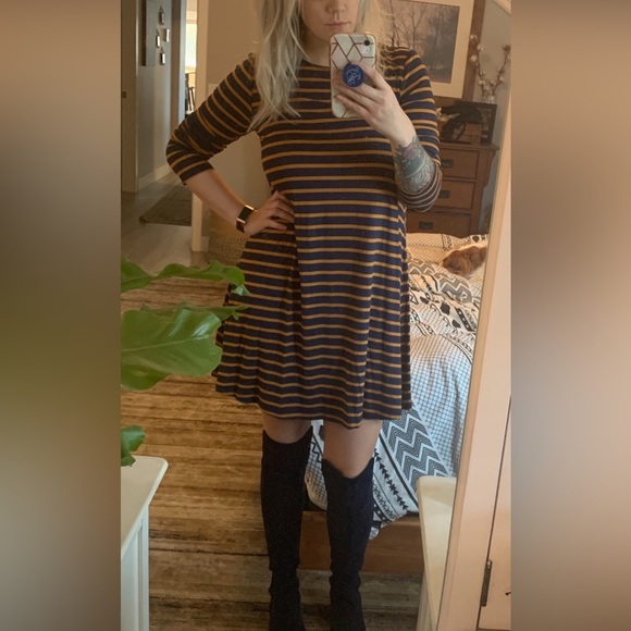 Striped Navy and Orange Long Sleeve Dress - Picture 1 of 6